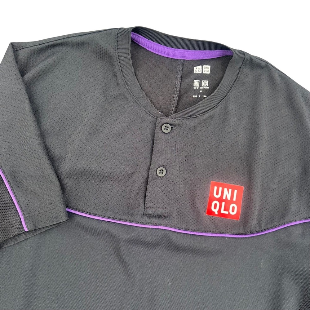 Uniqlo Dry-EX Roger Federer Tennis Shirt Mens XS Black‎ Purple Piping Henley
